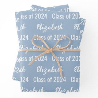 Class of 2024 Graduate's Name Baby Blue and White  Sheets