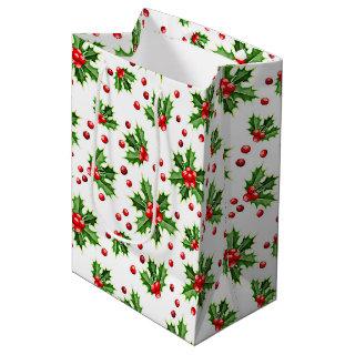 Classic Holiday Green Holly Red Berries Medium Gift Bag