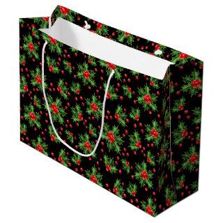 Classic Holiday Green Holly Red Berries Pattern Large Gift Bag