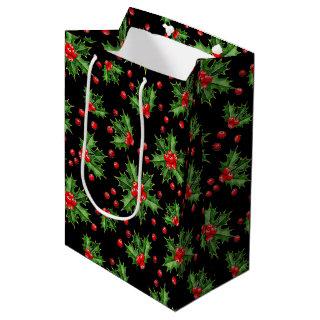 Classic Holiday Green Holly Red Berries Pattern Medium Gift Bag