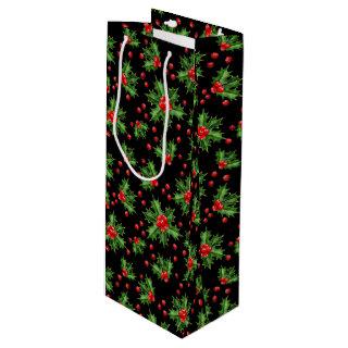 Classic Holiday Green Holly Red Berries Pattern Wine Gift Bag