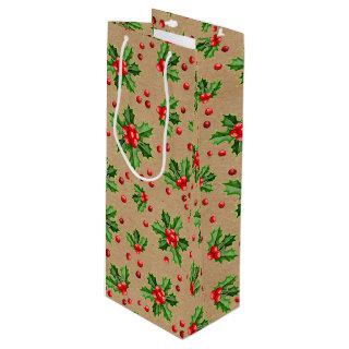 Classic Holiday Green Holly Red Berries Wine Gift Bag