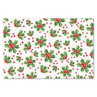 Classic Holiday Holly Tree Leaves Berries Pattern Tissue Paper