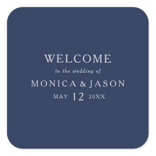 Classic Minimal Navy Blue | Silver Wedding Welcome Square Sticker