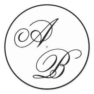 Classic Monogram Script Black & White Wedding Classic Round Sticker