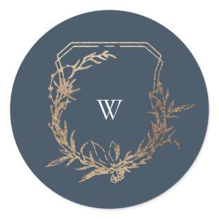 classic navy blue botanical motif monogram crest classic round sticker