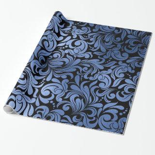 Classic Navy Blue Metal Foil Swirls Damask