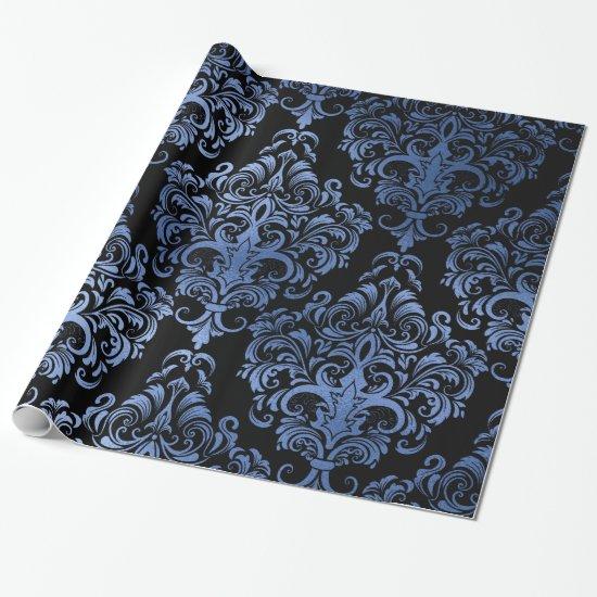 Classic Navy Blue Metal Foil Swirls Damask