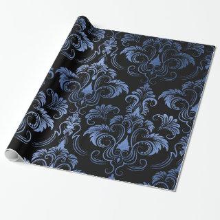 Classic Navy Blue Metal Foil Swirls Damask