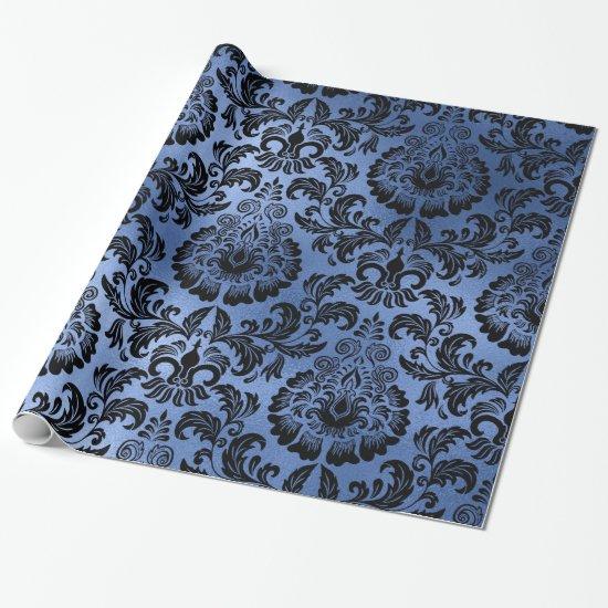 Classic Navy Blue Metal Foil Swirls Damask