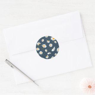 Classic Navy Yellow White Daisy Floral Pattern Classic Round Sticker