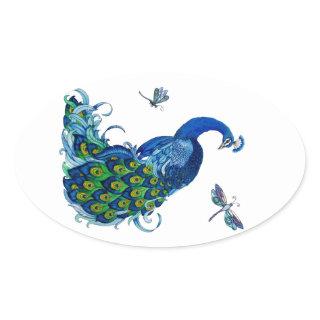 Classic Peacock and Dragonfly Design Oval Sticker