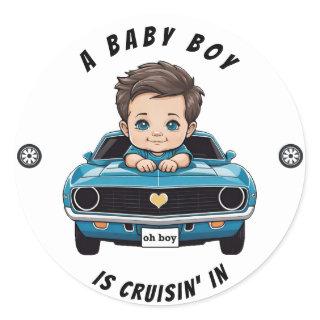 Classic Race Car Baby Boy Cruisin' In Shower Classic Round Sticker