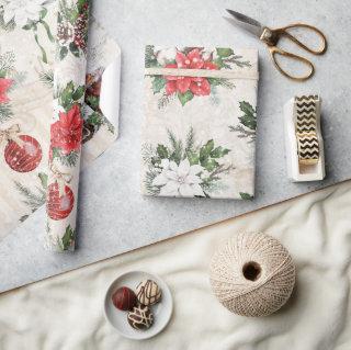 Classic red and white poinsettia pine cones cotton