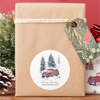 Classic Red Jeep snow Christmas Tree Personalized  Classic Round Sticker