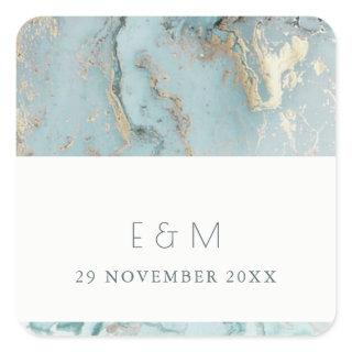 CLASSY AQUA DUSKY BLUE GOLD AGATE MONOGRAM WEDDING SQUARE STICKER