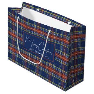 Classy Blue Burnt Orange Scottish Tartan Christmas Large Gift Bag