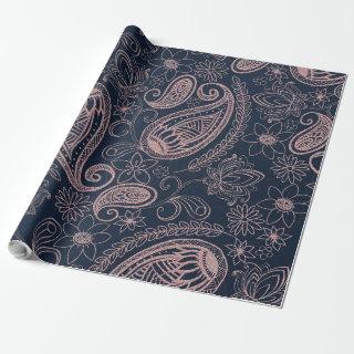 Classy Blue Rose Gold Glitter Paisley Floral