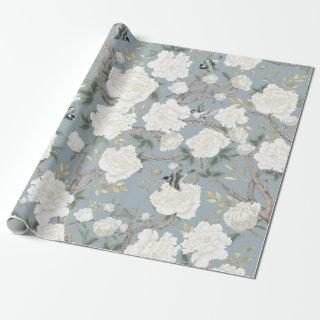 Classy Dusty Blue White Chinoiserie Flowers Birds