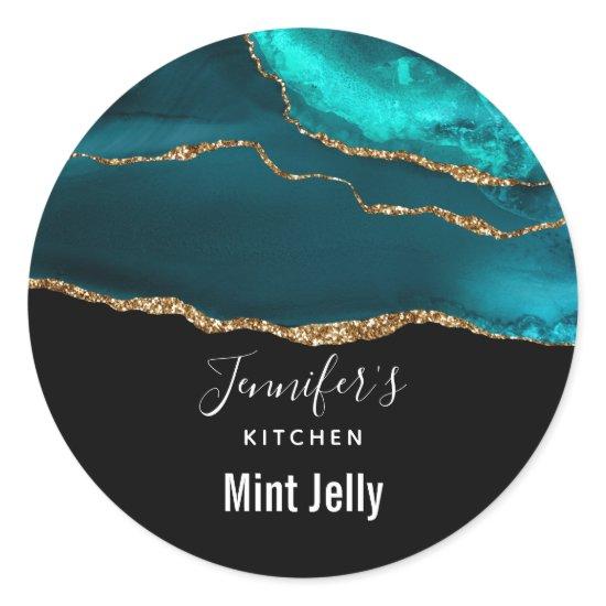 Classy Elegant Teal Agate on Black Kitchen Classic Round Sticker