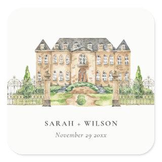 Classy Garden Chateau Manor Watercolor Wedding Square Sticker