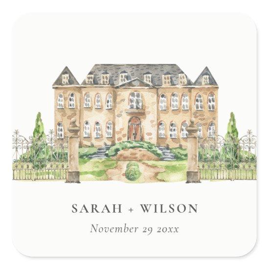 Classy Garden Chateau Manor Watercolor Wedding Square Sticker