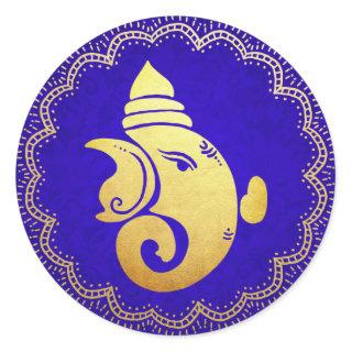 Classy Gold Ganapati Indian Hindu God Blue Classic Round Sticker