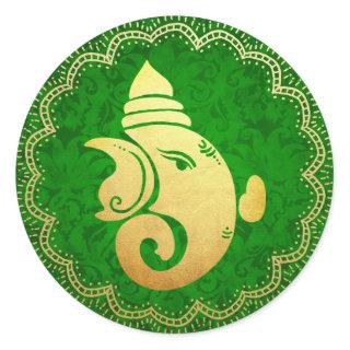 Classy Gold Ganapati Indian Hindu God Green Classic Round Sticker