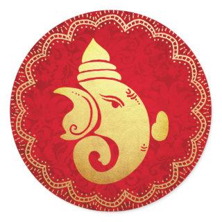 Classy Gold Ganapati Indian Hindu God Red  Classic Round Sticker
