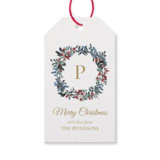 Classy Red Blue Berries Wreath with Gold Monogram Gift Tags