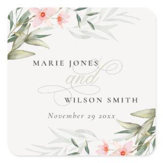 Classy Rustic Blush Greenery Floral Bunch Wedding Square Sticker