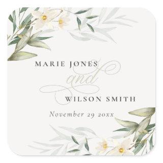 Classy Rustic White Greenery Floral Bunch Wedding Square Sticker