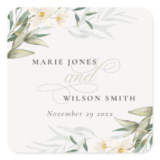 Classy Rustic White Greenery Floral Bunch Wedding Square Sticker