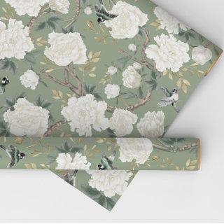 Classy Sage Green White Chinoiserie Flowers Birds