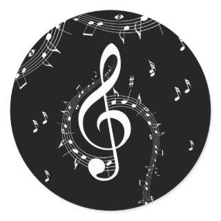 Climactic G Clef White Music on Black  Classic Round Sticker