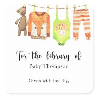 Clothesline Baby Shower bookplate, books for baby Square Sticker