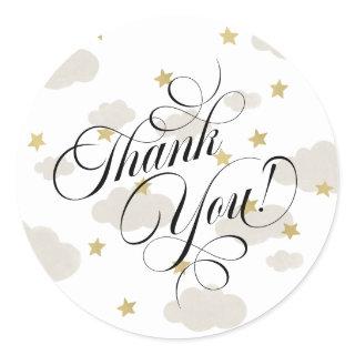 Clouds and Gold Stars | Thank You Script Classic Round Sticker