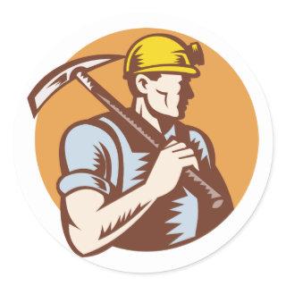 Coal miner at work with pick ax classic round sticker