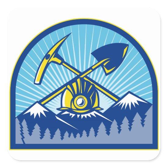Coal Miner Hardhat Pick Ax Shovel Retro Square Sticker