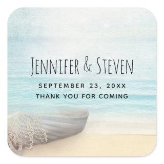 Coastal Beach Scene with a Fishing Boat Thank You  Square Sticker