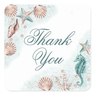 Coastal Chic | Teal Green and Coral Reef Thank You Square Sticker