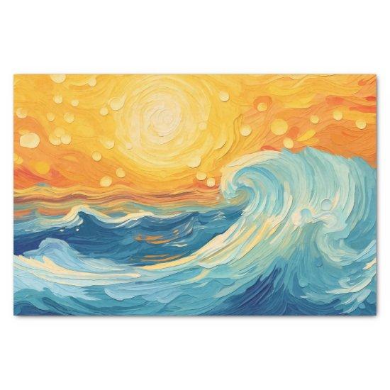 Coastal Oil Painting Sun and Waves Decoupage Tissue Paper
