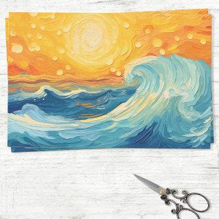 Coastal Oil Painting Sun and Waves Decoupage Tissue Paper