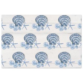 Coastal Starfish Beach Seashells Blue White Wood T Tissue Paper