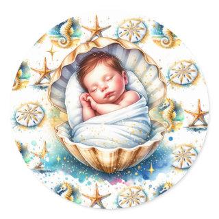 Coastal Themed Beachy Boy's Baby Shower Classic Round Sticker