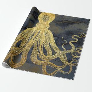 Coastal Vintage Gold Black Octopus Ink Watercolor