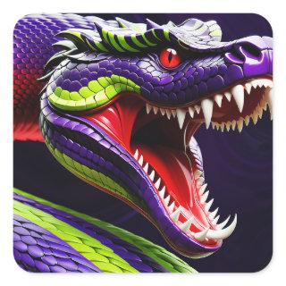 Cobra snake with vibrant green and purple scales square sticker