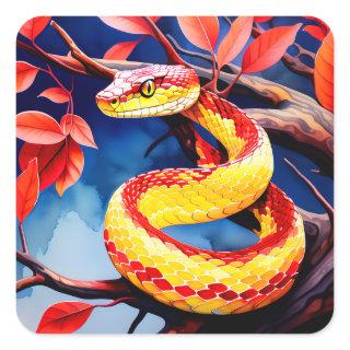 Cobra with vibrant red and yellow scales in tree square sticker