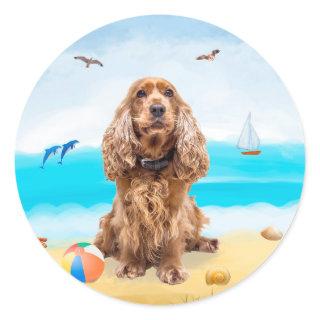 Cocker Spaniel Dog on Beach Classic Round Sticker