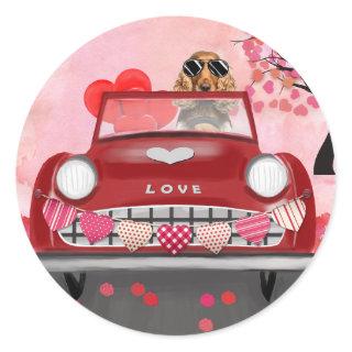 Cocker Spaniel Driving Car with Hearts Valentine's Classic Round Sticker